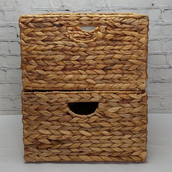 HAND WOVEN WATER~HYACINTH FOLDING STORAGE CUBE BASKETS 2-PIECE SET - Picture 3 of 16
